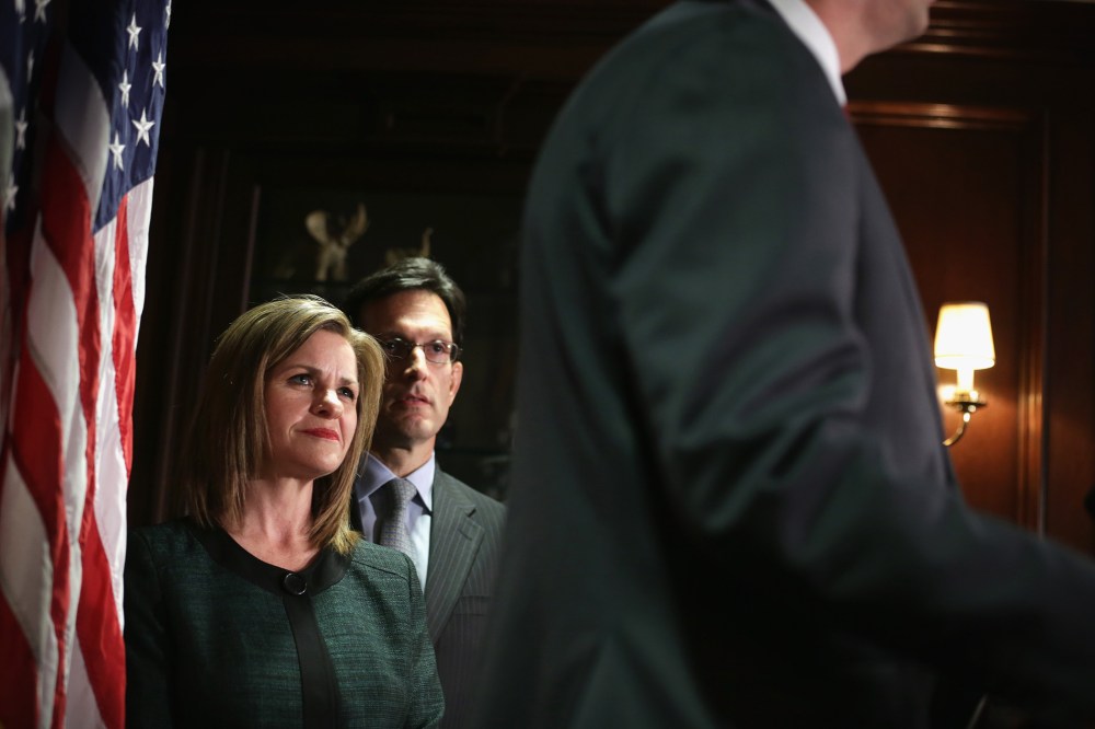 House Republican Conference Vice Chairman Lynn Jenkins (R-KS) and House Majority Leader Rep. Eric Cantor (R-VA) during a briefing March 5, 2014 at the headquarters of the RNC in Washington, D.C.