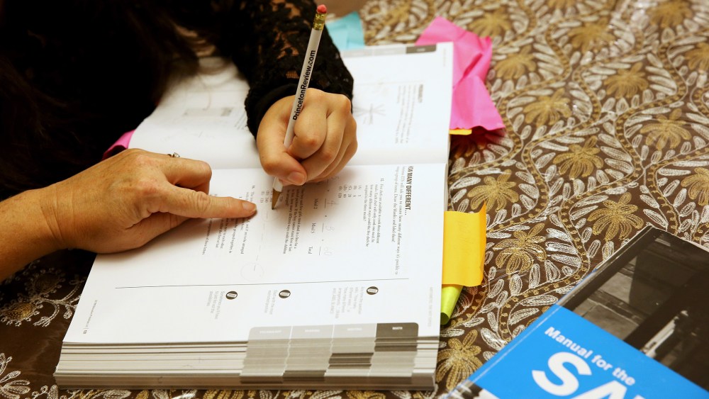 Carol McMullen-Pettit, a Premier Tutor at The Princeton Review, goes over SAT test preparation with 11th grader, Suzane Nazir, in Pembroke Pines, Fla., Mar. 6, 2014.