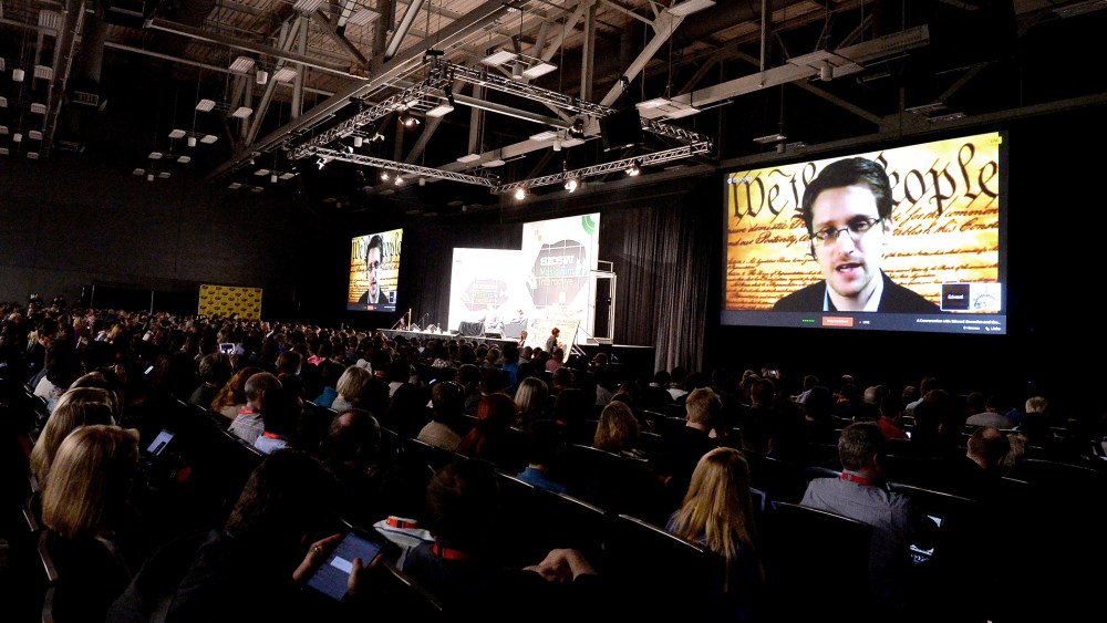 Edward Snowden speaks via videoconference at the 2014 SXSW Music, Film + Interactive Festival at the Austin Convention Center on March 10, 2014 in Austin, Texas.