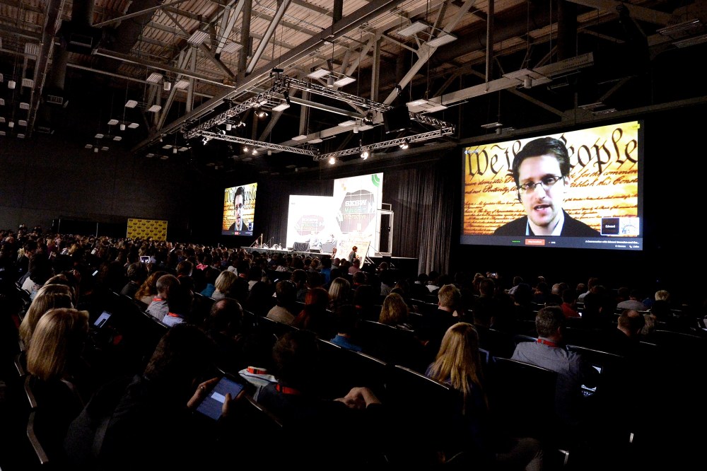Edward Snowden speaks via videoconference at the 2014 SXSW Music, Film + Interactive Festival at the Austin Convention Center on March 10, 2014 in Austin, Texas.