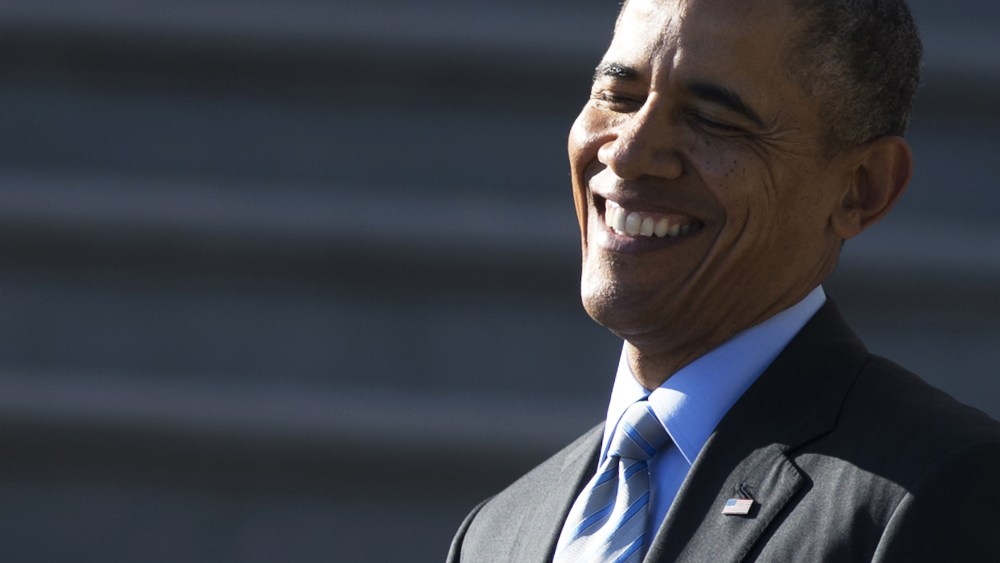 President Obama smiles during an event on the South Lawn of the White House, March 10, 2014.