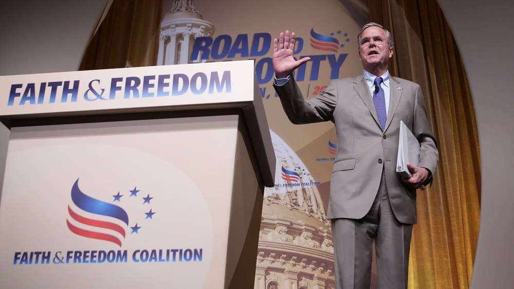 Republican U.S. presidential hopeful and former Florida Governor Jeb Bush waves after he spoke during the "Road to Majority" conference June 19, 2015 in Washington, D.C. (Photo by Alex Wong/Getty)