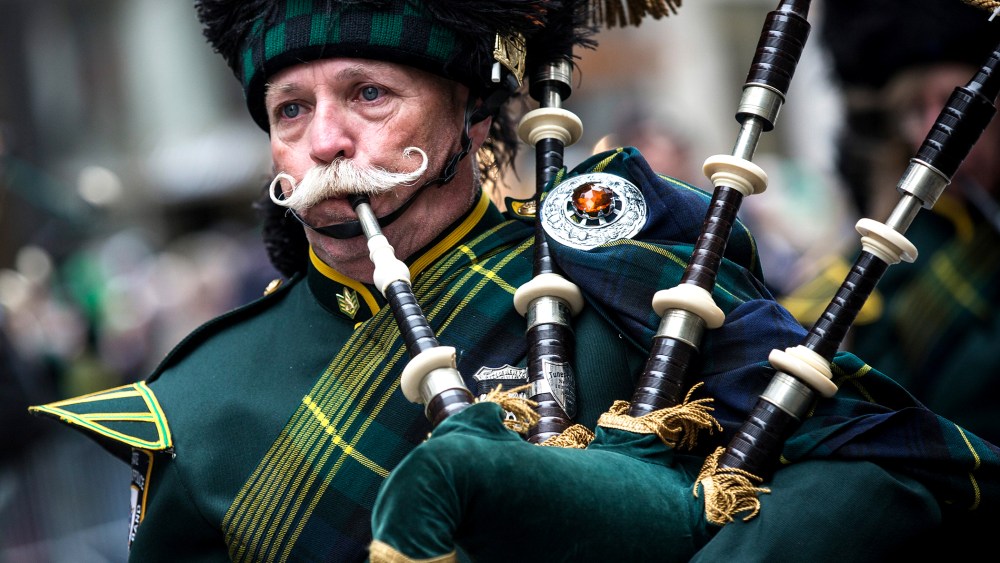 A bagpiper marches in the annual St. Patrick's Day Parade along Fifth Ave in Manhattan on March 17, 2014 in New York, NY.