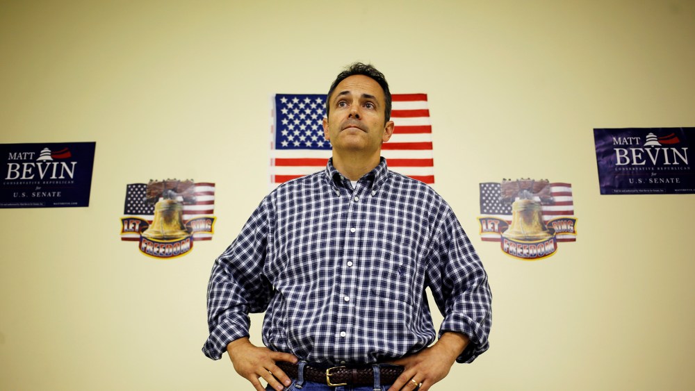 Tea Party favorite Matt Bevin speaks during a meeting of the Spencer County Tea Party at the Kentucky Farm Bureau in Taylorsville, Ky. Oct. 15, 2013. (Photo by Luke Sharrett/The Washington Post/Getty)