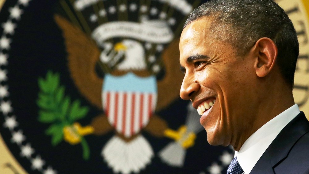President Obama speaks to guests before a movie screening at the White House, March 19, 2014.
