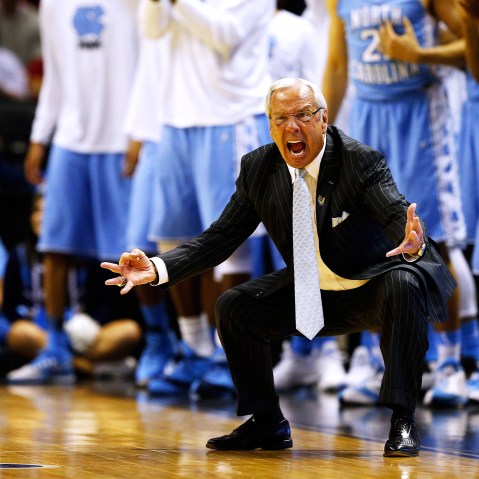 Head coach Roy Williams of the North Carolina Tar Heels reacts during the third round of the 2014 NCAA Men's Basketball Tournament on March 23, 2014 in San Antonio, Texas.