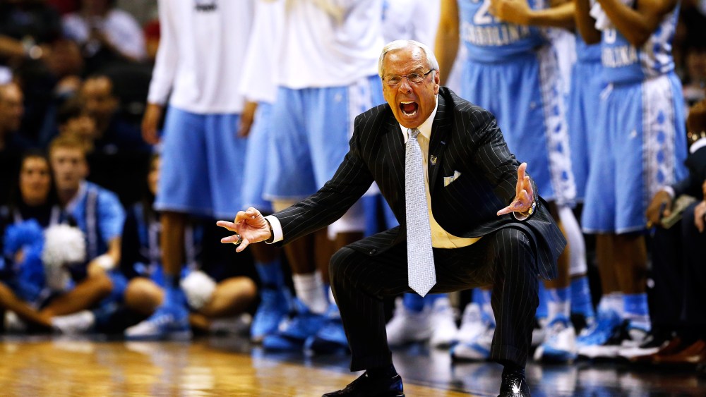Head coach Roy Williams of the North Carolina Tar Heels reacts during the third round of the 2014 NCAA Men's Basketball Tournament on March 23, 2014 in San Antonio, Texas.