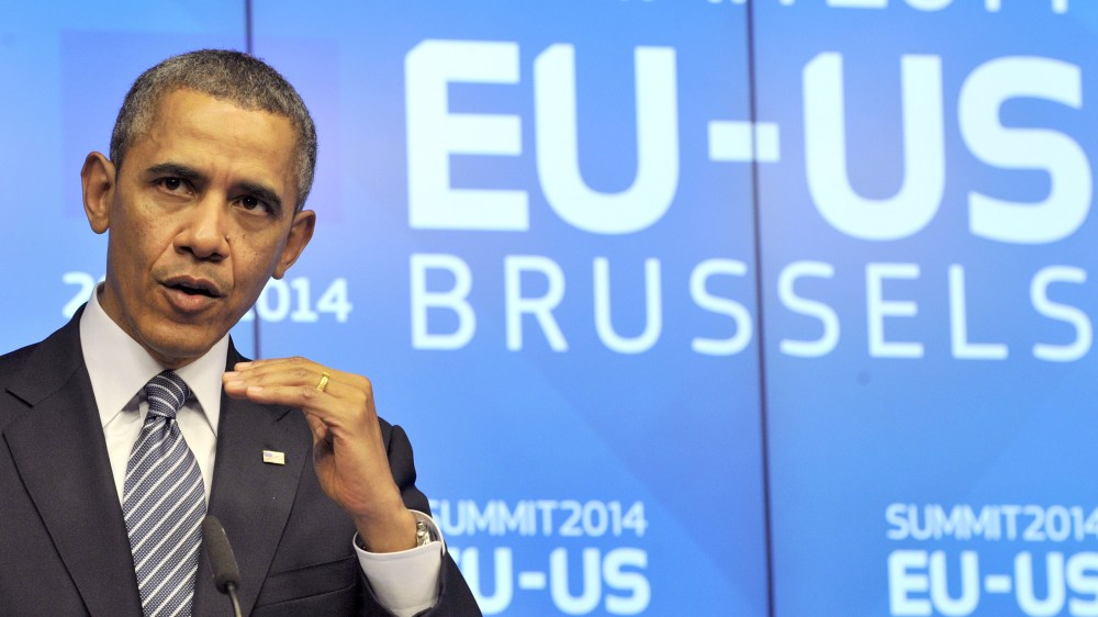 US President Barack Obama holds a press conference during the EU-US Summit at the European Headquarters in Brussels on March 26, 2014.