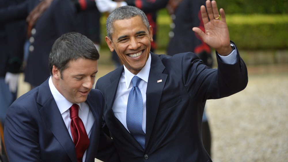 President Barack Obama (R) is welcomed by Italian Prime Minister Matteo Renzi prior a meeting at the Villa Madama on March 27, 2014 in Rome.