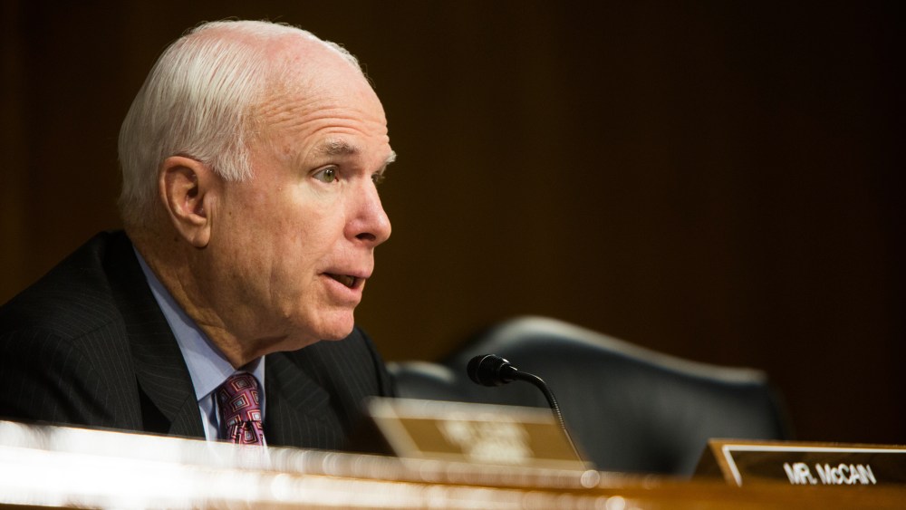 Sen. John McCain (R-Ariz.) questions a witness during a hearing on Capitol Hill in Washington, D.C., April 14, 2014.