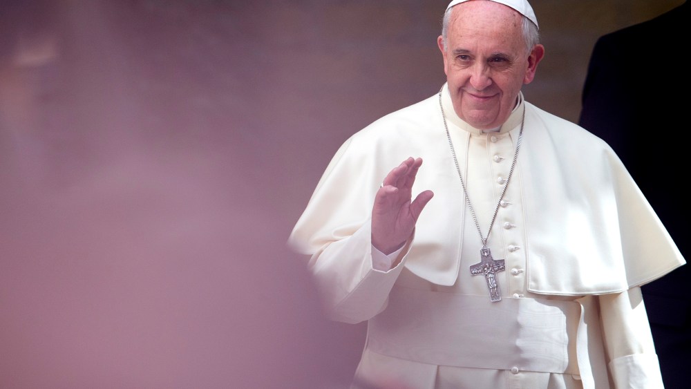 His Holiness, Pope Francis, leaves after hosting an audience with Her Majesty Queen Elizabeth II and Prince Philip, the Duke of Edinburgh, on April 3, 2014 in Vatican City, Vatican.