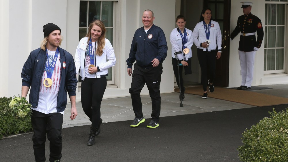 U.S. Olympian Sage Kostenberg, Olympian Mikaela Shifrin, Paralympian Jon Lujan, Paralympian Stephanie Jallen and Olympian Julie Chu walk out of the West Wing to speak to the media while visiting the White House, on April 3, 3014 in Washington, DC.