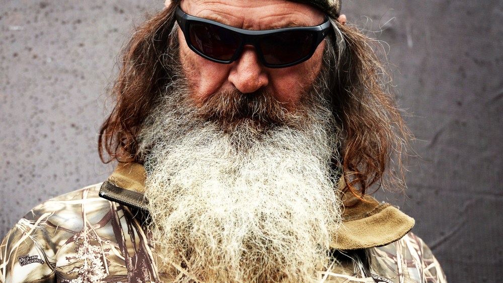Phil Robertson takes part in pre-race ceremonies for the NASCAR Sprint Cup Series Duck Commander 500 at Texas Motor Speedway on April 6, 2014.