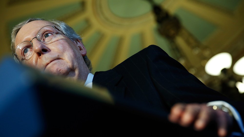Senate Minority Leader Mitch McConnell (R-KY) speaks with reporters, April 8, 2014.
