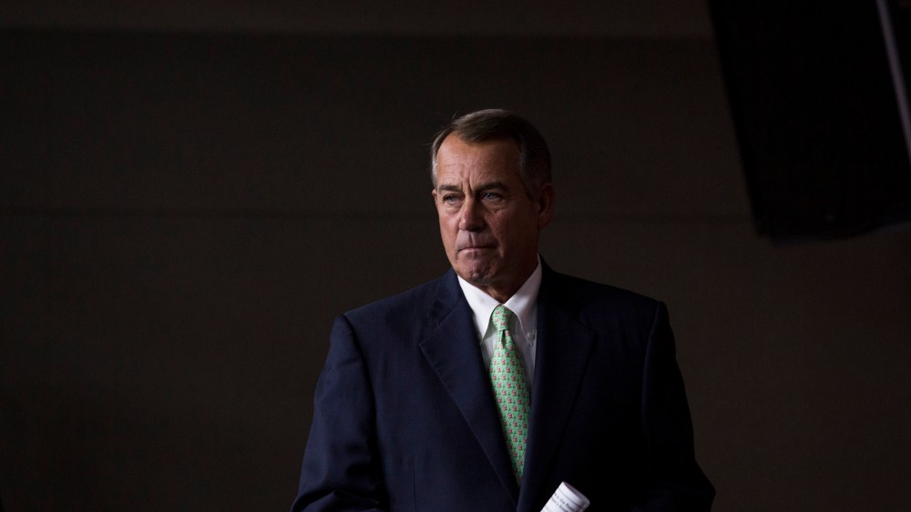 Speaker of the House John Boehner (R-OH) arrives for his weekly news conference on Capitol Hill, April 10, 2014.