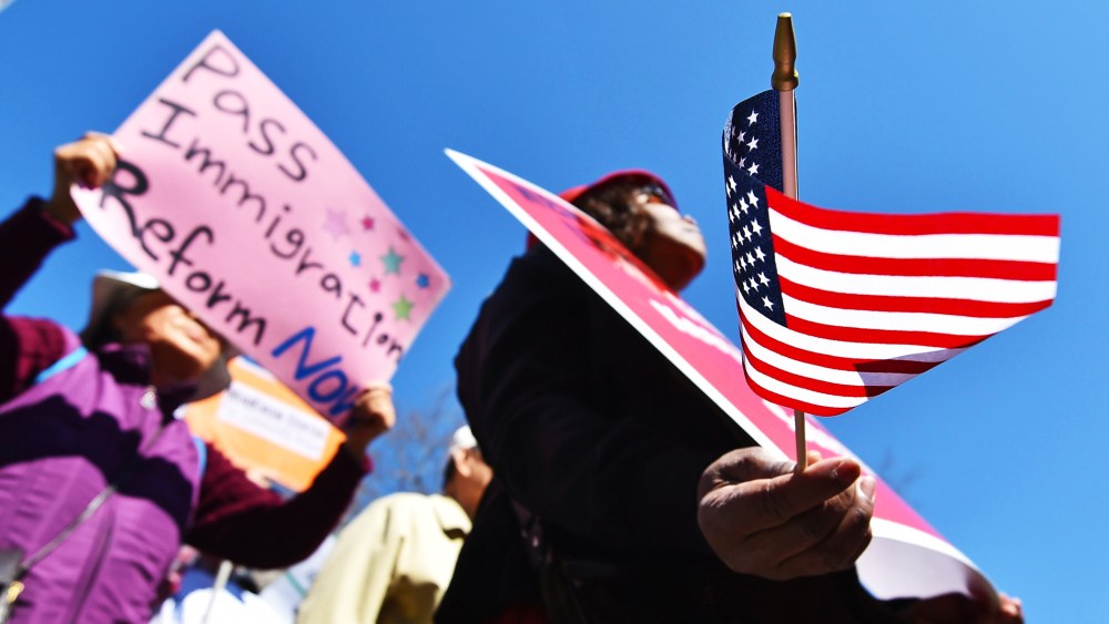 A coalition of New York area groups rally to call on Congress to move on immigration reform in New York, April 10, 2014.