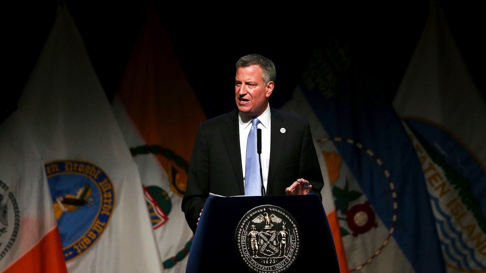 New York Mayor Bill de Blasio delivers a speech to mark his first 100 days in office at Cooper Union on April 10, 2014.