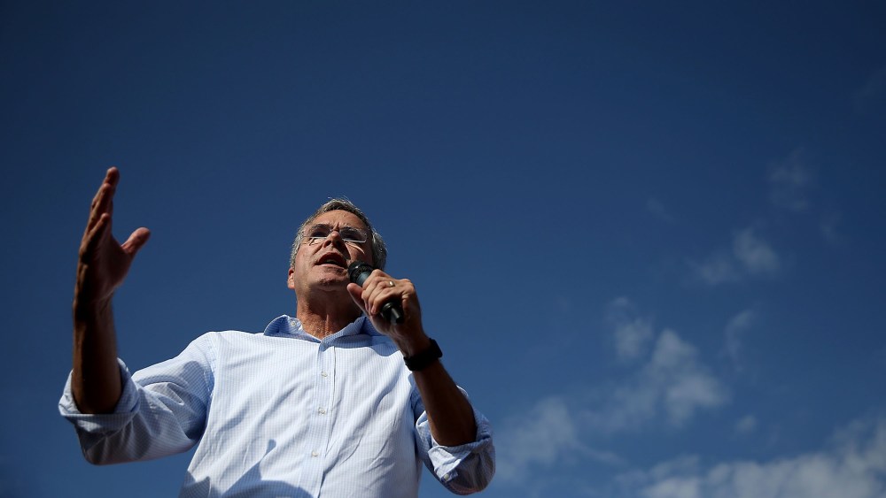Republican presidential hopeful and former Florida Gov. Jeb Bush speaks to fairgoers during the Iowa State Fair on August 14, 2015 in Des Moines, Iowa. (Photo by Justin Sullivan/Getty)