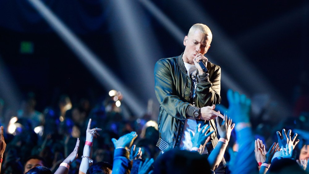 Recording artist Eminem performs onstage at the 2014 MTV Movie Awards at Nokia Theatre L.A. Live on April 13, 2014 in Los Angeles, Calif.