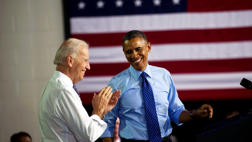 President Barack Obama and Vice President Joe Biden speak to guests at the Community College of Allegheny County on April 16, 2014.