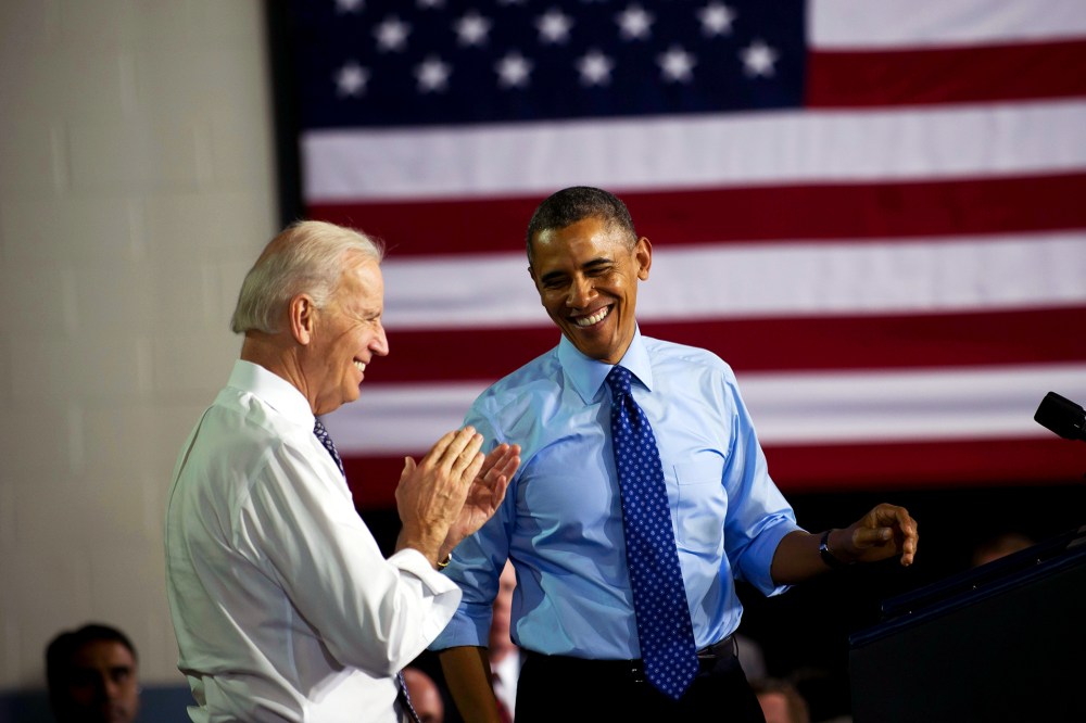 President Barack Obama and Vice President Joe Biden speak to guests at the Community College of Allegheny County on April 16, 2014.