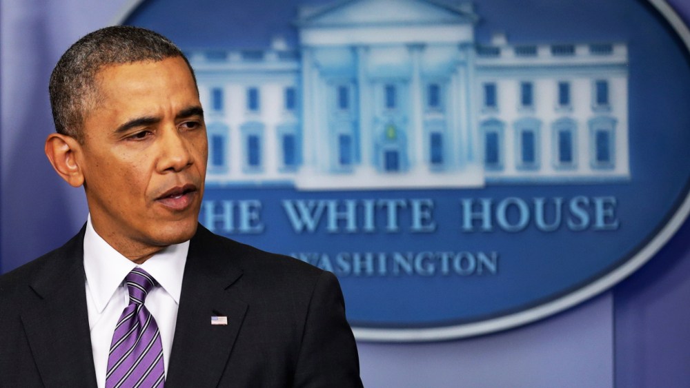 U.S. President Barack Obama delivers remarks in the Brady Press Briefing Room at the White House, April 17, 2014.