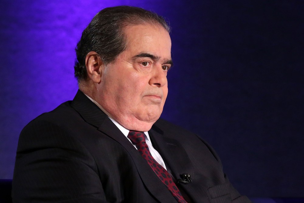 Supreme Court Justice Antonin Scalia waits for the beginning of the taping of "The Kalb Report" April 17, 2014 at the National Press Club in Washington, DC.
