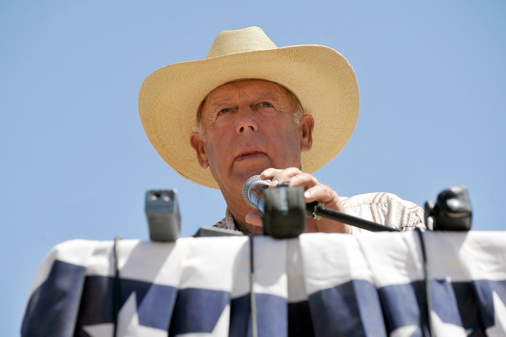 Rancher Cliven Bundy speaks during a news conference near his ranch on April 24, 2014 in Bunkerville, Nev.