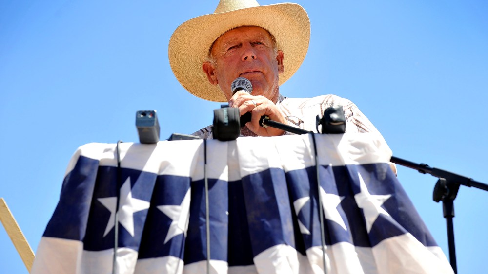 Rancher Cliven Bundy speaks during a news conference near his ranch on April 24, 2014 in Bunkerville, Nevada.