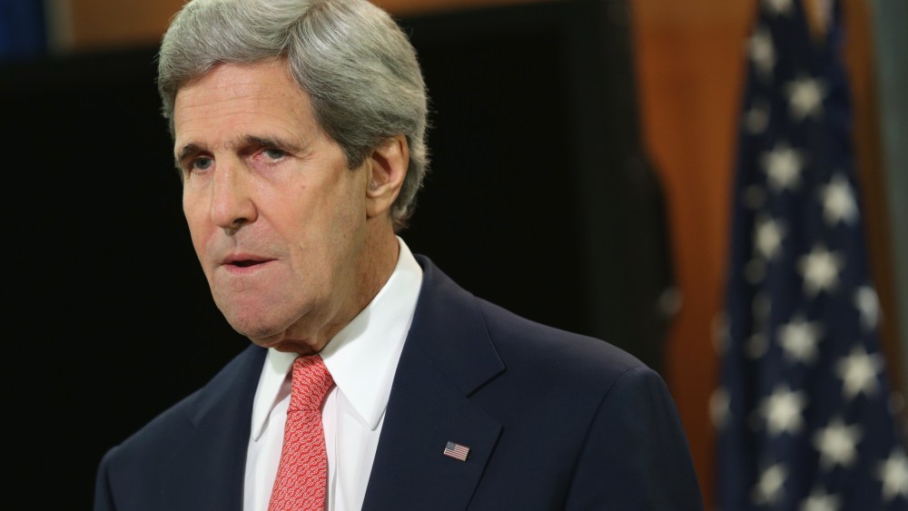 U.S. Secretary of State John Kerry speaks at the briefing room of the State Department, April 24, 2014.