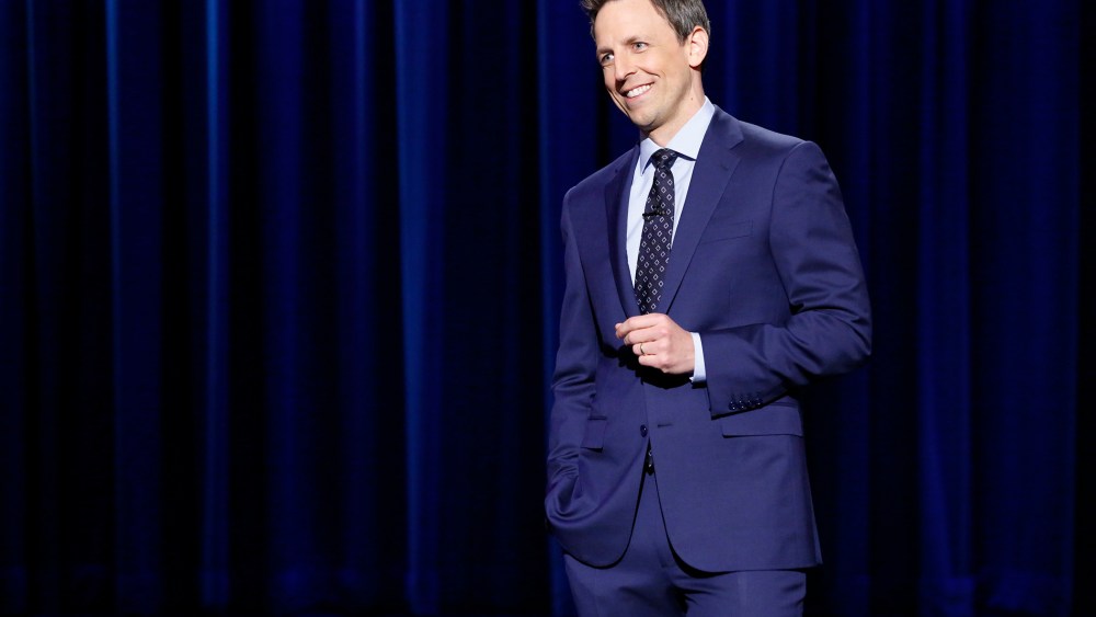 Host Seth Meyers during his Late Night monologue, April 24, 2014.