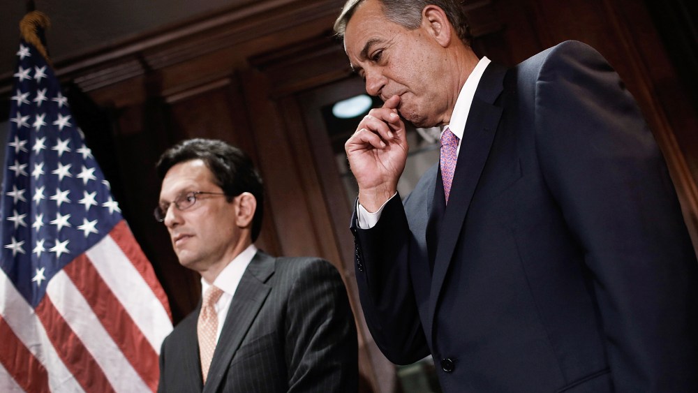 John Boehner and Eric Cantor answer questions during a press conference April 28, 2014 in Washington, DC.