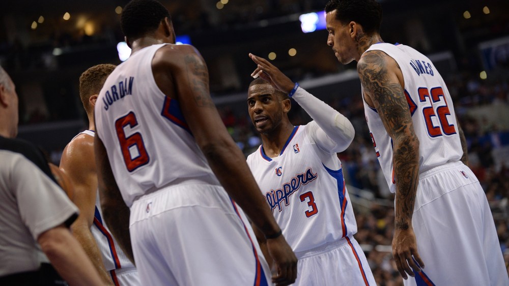 Chris Paul #3 of the Los Angeles Clippers directs his teammates against the Golden State Warriors in Game Five of the Western Conference Quarterfinals, April 29, 2014 in Los Angeles, Calif.
