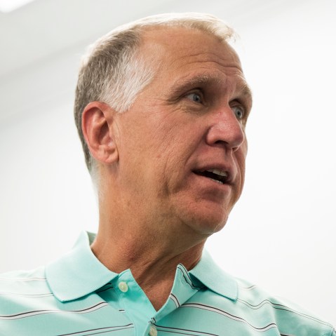 NC Speaker of The House and GOP Senate candidate Thom Tillis, R-NC, speaks with volunteers at the Tillis for US Senate Campaign Headquarters in Cornelius, N.C., May 4, 2014.