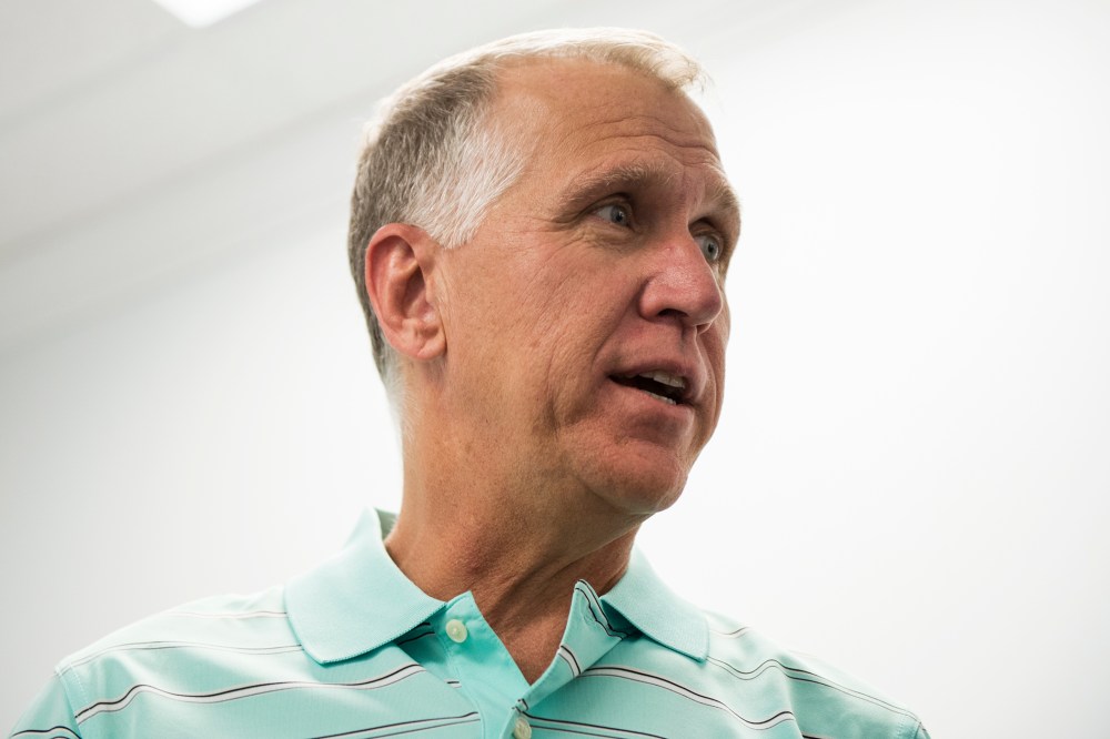 NC Speaker of The House and GOP Senate candidate Thom Tillis, R-NC, speaks with volunteers at the Tillis for US Senate Campaign Headquarters in Cornelius, N.C., May 4, 2014.
