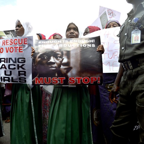 Children take part in a rally calling for the release of the missing Chibok school girls in Lagos, Nigeria, on May 5, 2014.