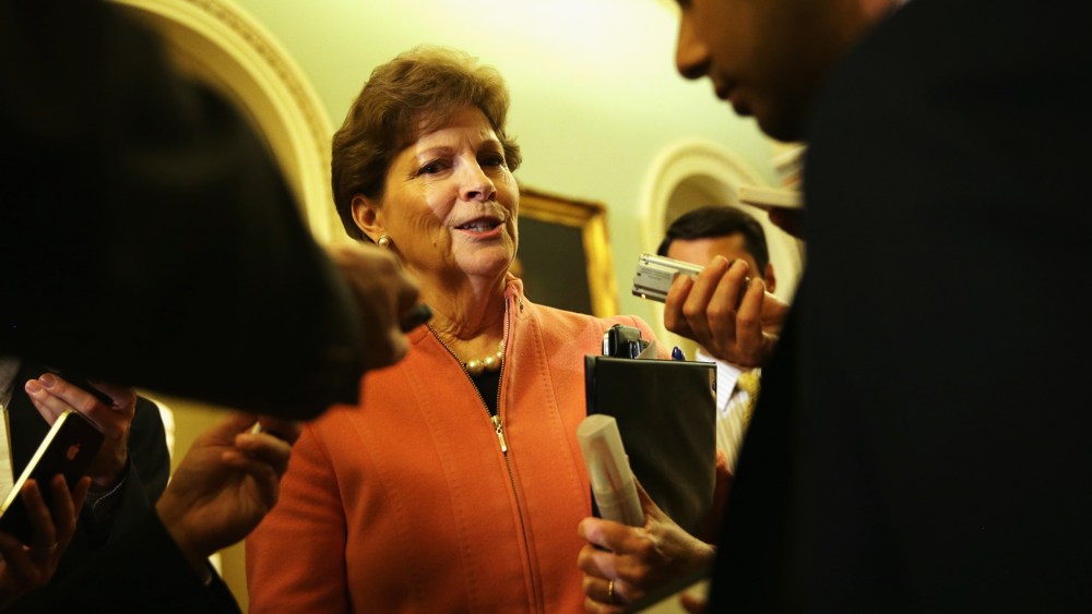 Jeanne Shaheen speaks to members of the media after a policy luncheon, May 6, 2014.