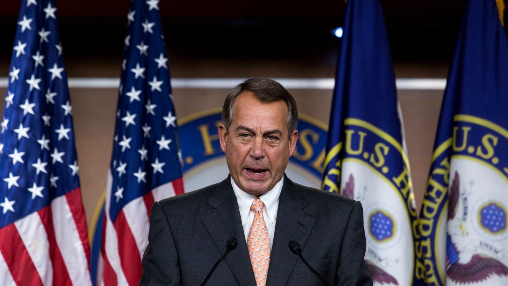 John Boehner (R-OH) answers questions during his weekly news conference on Capitol Hill, May 8, 2014 in Washington, DC.