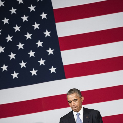 US President Barack Obama pauses while speaking during a reception for the Democratic National Committee May 8, 2014 in in San Jose, Calif.