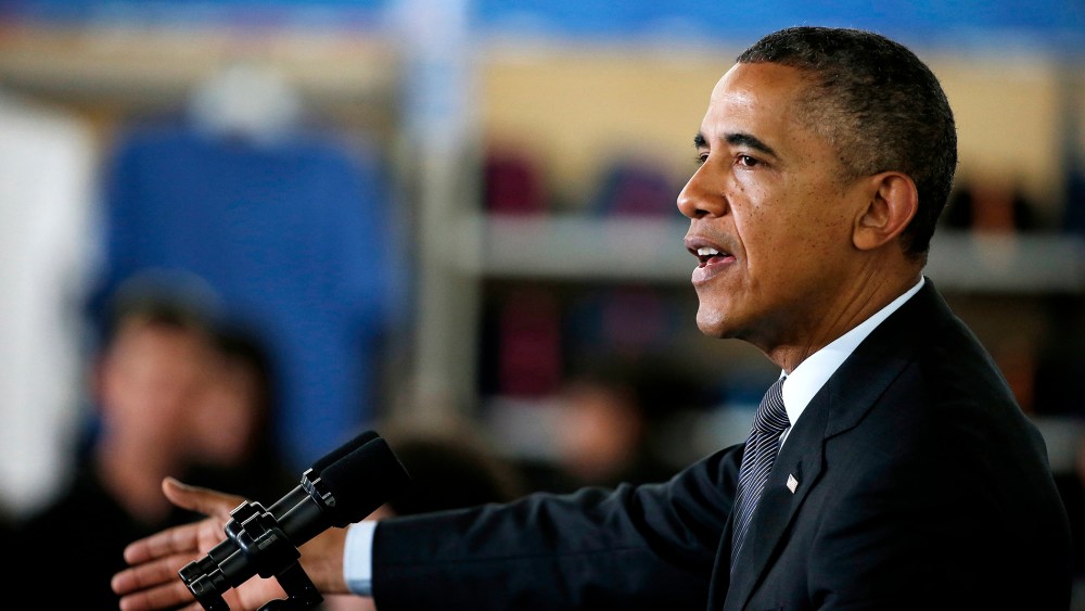 President Barack Obama speaks at a Walmart store on May 9, 2014 in Mountain View, Calif.