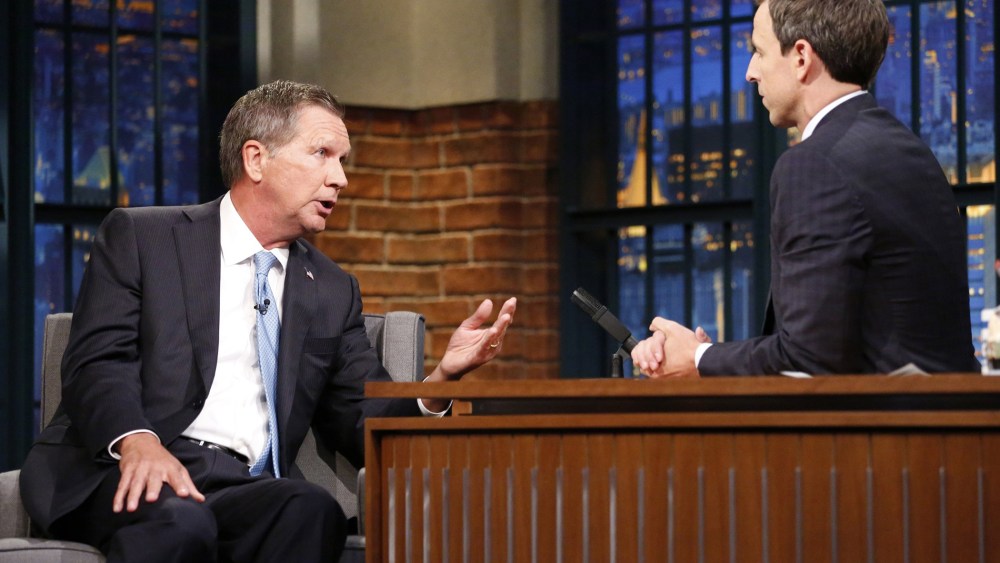 Governor John Kasich during an interview with host Seth Meyres on Sept. 22, 2015. (Photo by Lloyd Bishop/NBC/NBCU Photo Bank/Getty)