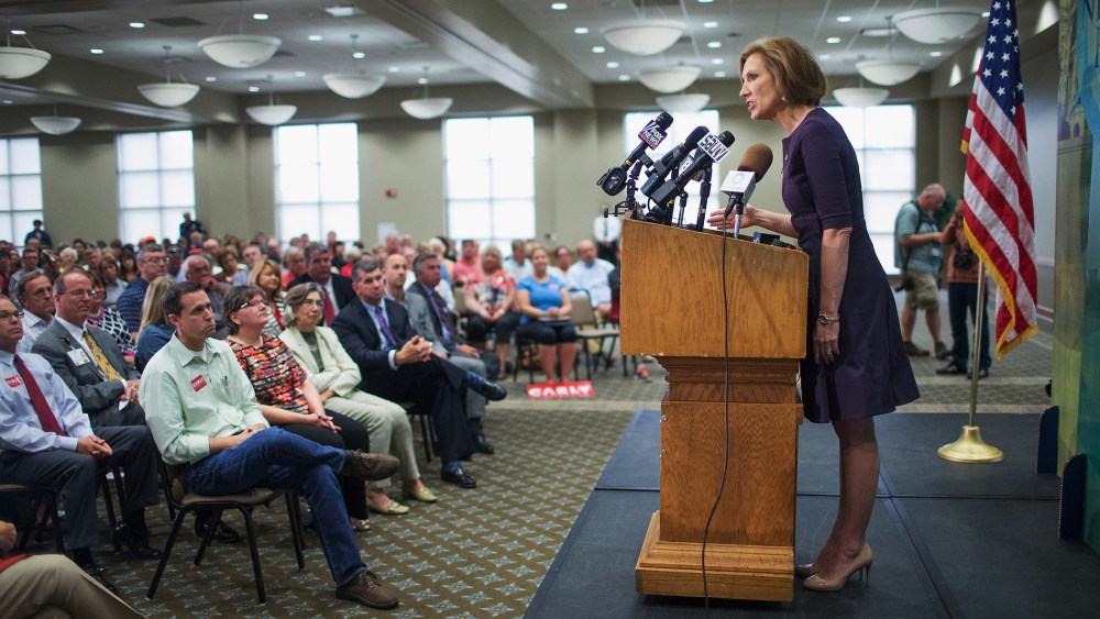 Republican presidential candidate Carly Fiorina addresses the Quad Cities New Ideas Forum at St. Ambrose University on Sept. 25, 2015 in Davenport, Iowa. (Photo by Scott Olson/Getty)