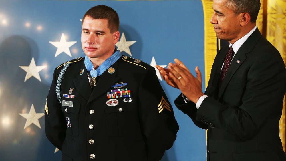 U.S. President Barack Obama applauds after presenting the Medal of Honor to U.S. Army Sgt. Kyle J. White during a ceremony in the East Room of the White House May 13, 2014 in Washington, DC.
