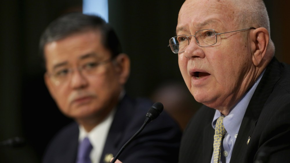 U.S. Veterans Affairs Secretary Eric Shinseki (L) and Veterans Affairs Undersecretary for Health Robert Petzel testify before the Senate Veterans' Affairs Committee, May 15, 2014 in Washington, DC.