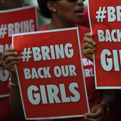 Nigerian women living in Kenya demonstrate to press for the release of Nigerian school girls kidnapped in nothern Nigeria by members of the Boko Haram, on May 16, 2014 in Nairobi.