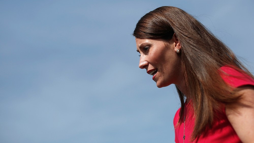 Senate candidate and Kentucky Secretary of State Alison Lundergan Grimes (D-KY) campaigns in advance of the state's Democratic primary May 19, 2014 at Lakeview Park in Frankfort, Ky.