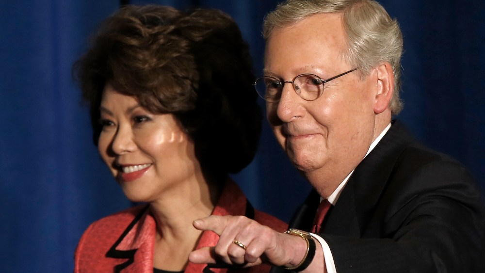 Senate Republican leader Sen. Mitch McConnell (R-KY) and his wife Elaine Chao arrive for a victory celebration following the early results of the state Republican primary May 20, 2014 in Louisville, Ky.