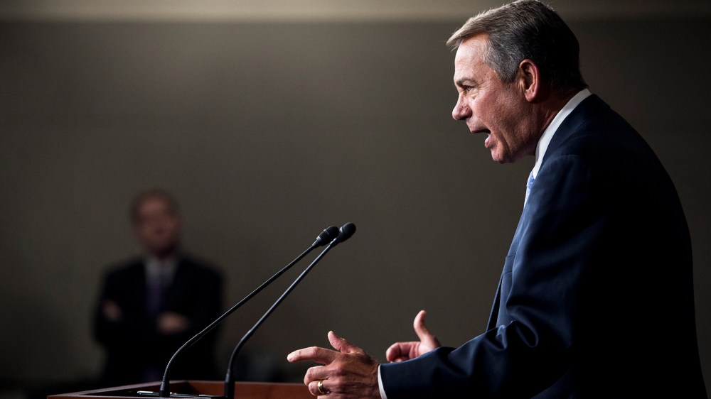 Speaker of the House John Boehner, R-Ohio, holds his weekly on camera briefing in the Capitol on May 22, 2014. (Photo By Bill Clark/CQ Roll Call/Getty)
