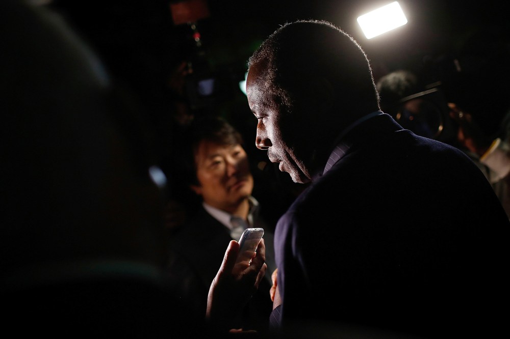 Republican presidential candidate Dr. Ben Carson answers questions from members of the press after delivering brief remarks to supporters on Oct. 16, 2015 in Alexandria, Va. (Photo by Win McNamee/Getty)
