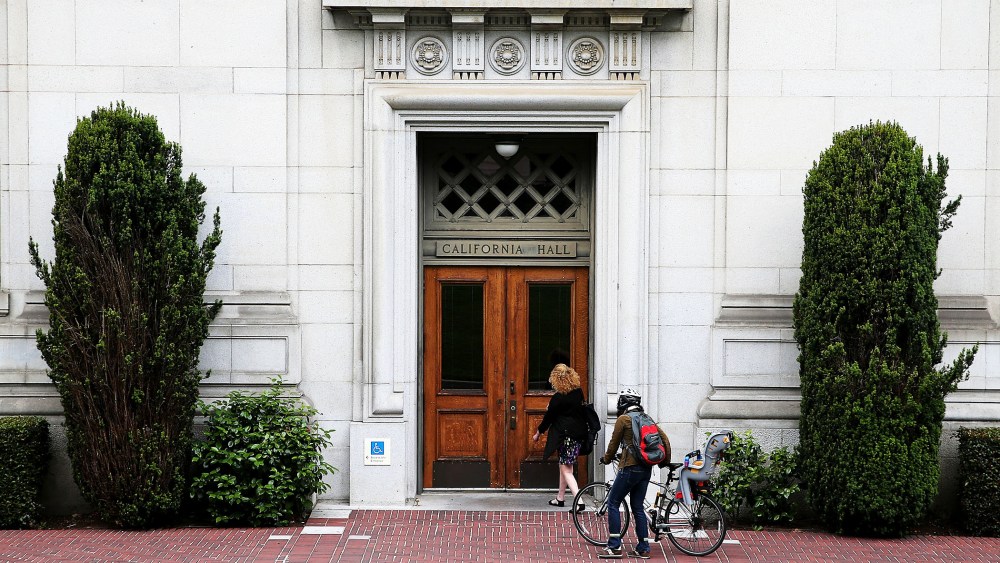 People enter California Hall on the UC Berkeley campus on May 22, 2014 in Berkeley, California.